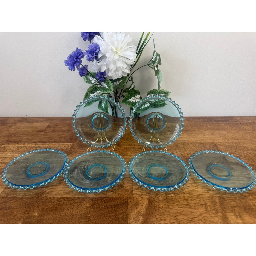 Vintage Aqua Blue Beaded Glass Dessert‎ Plates Set of 6 Mid Century Dining Retro